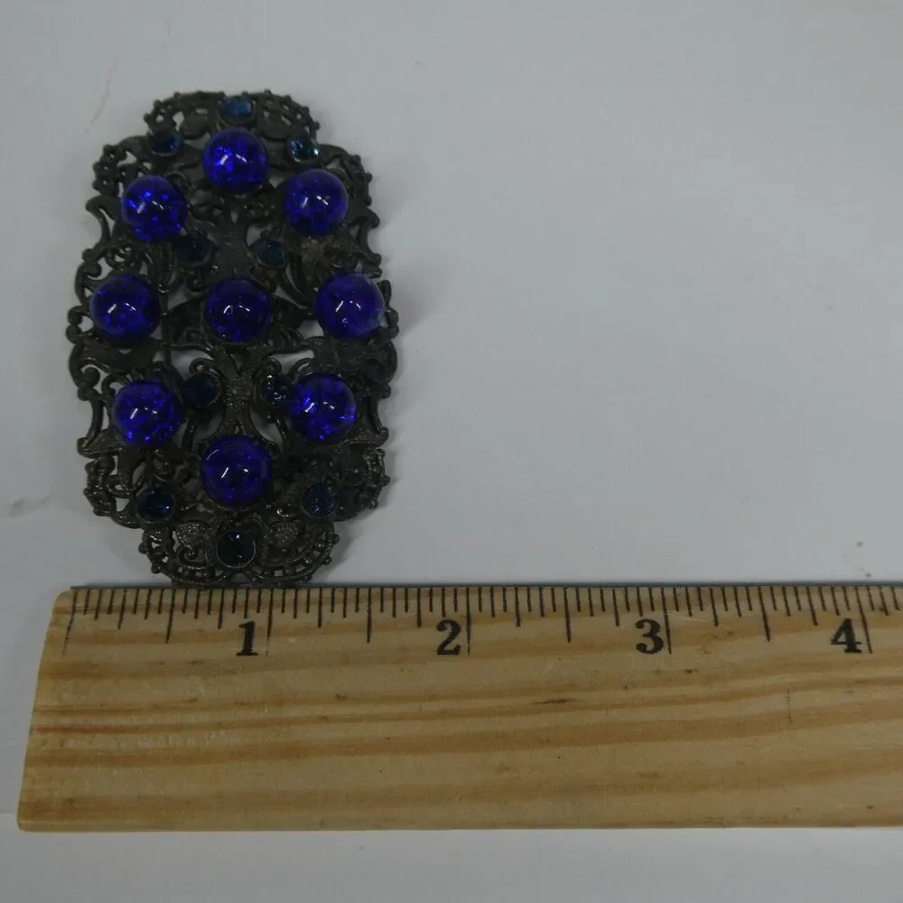 Silver Filigree Blue Rhinestone & Glass Crystal Brooch Antique Pin Czech?